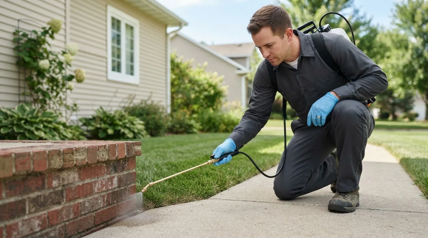 Pest control technician treating a home near Lewis, KS