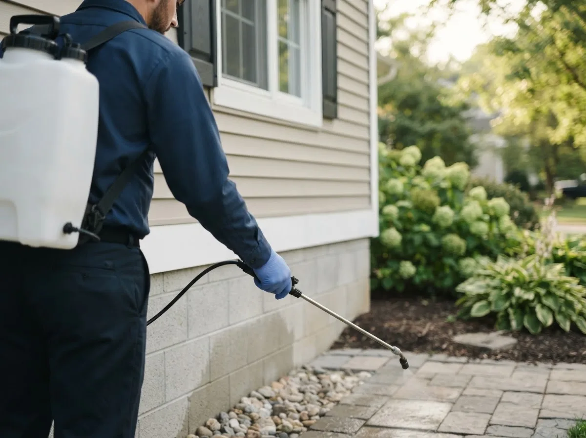 Pest control technician inspecting a home in Lewis, KS